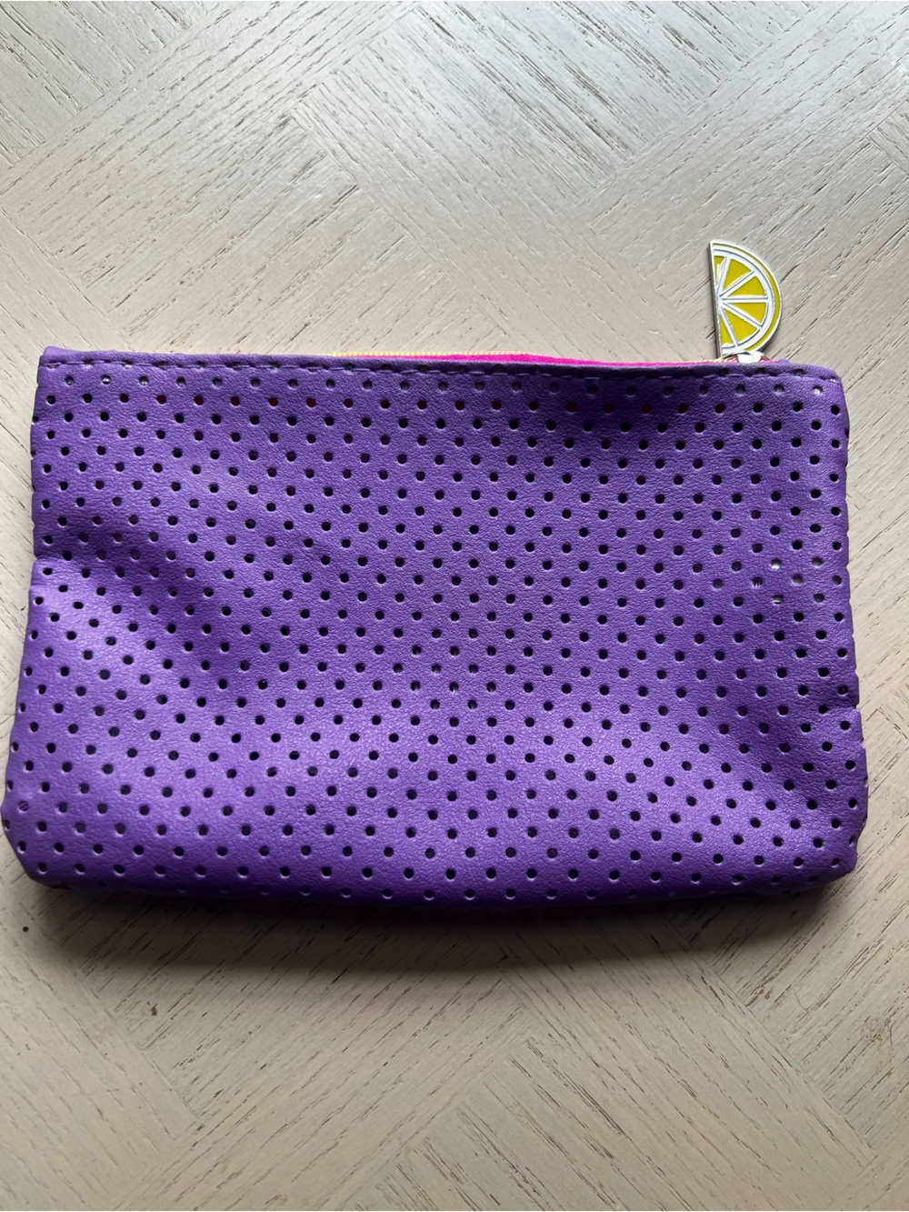 Ipsy June 2022 Purple Vinyl Mesh Glam Bag With Lemon Wedge Zipper Pull